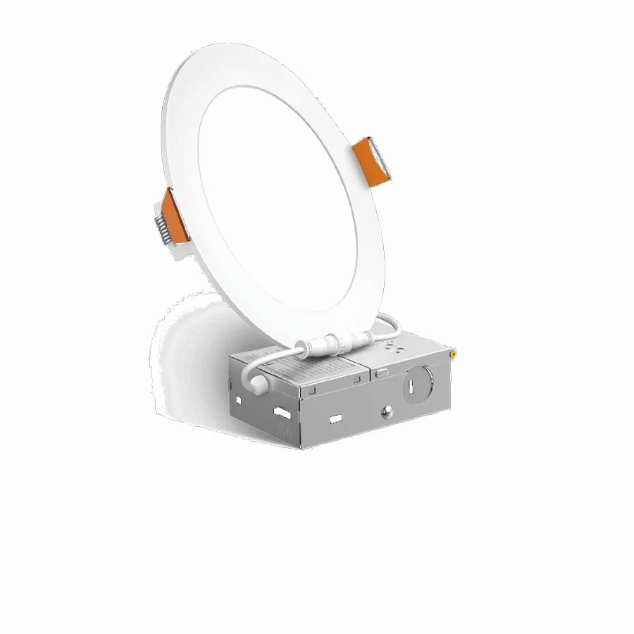A slim round zPLC recessed downlight with its spring clips and junction box