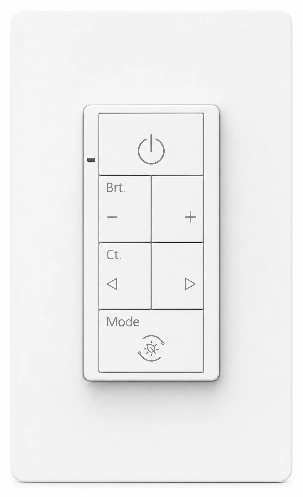 The zPLC switch, front view: a power button, brightness minus and plus, colour temperature arrows and a Mode button