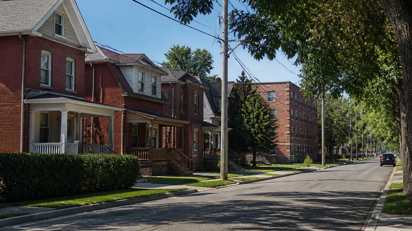 A street of older brick houses and a low-rise apartment building in Markham on a sunny day