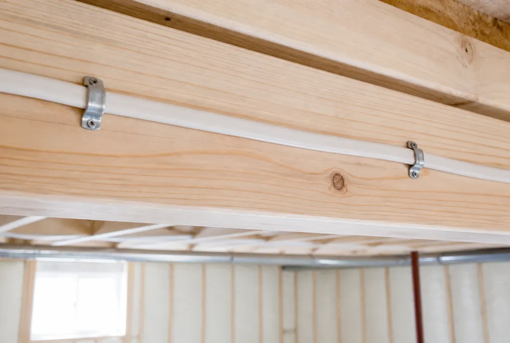 Standard two-conductor house wiring running along a joist in a bright basement