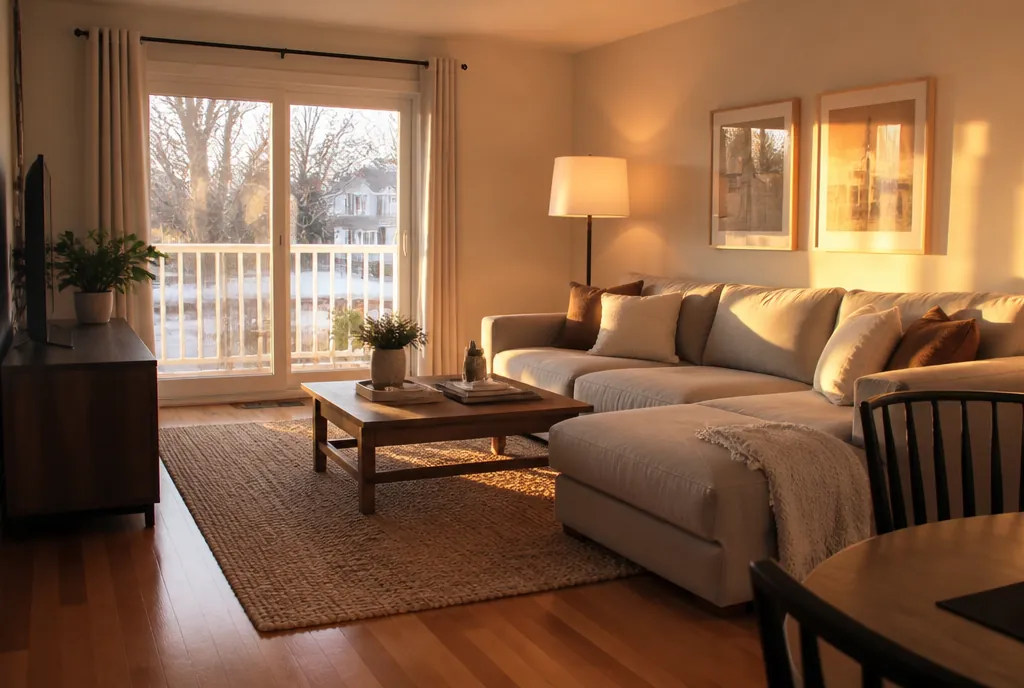 A living room in late afternoon lit a warm golden white