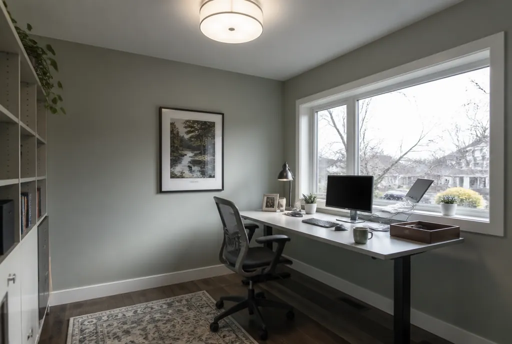 A home office at midday lit in crisp cool white light