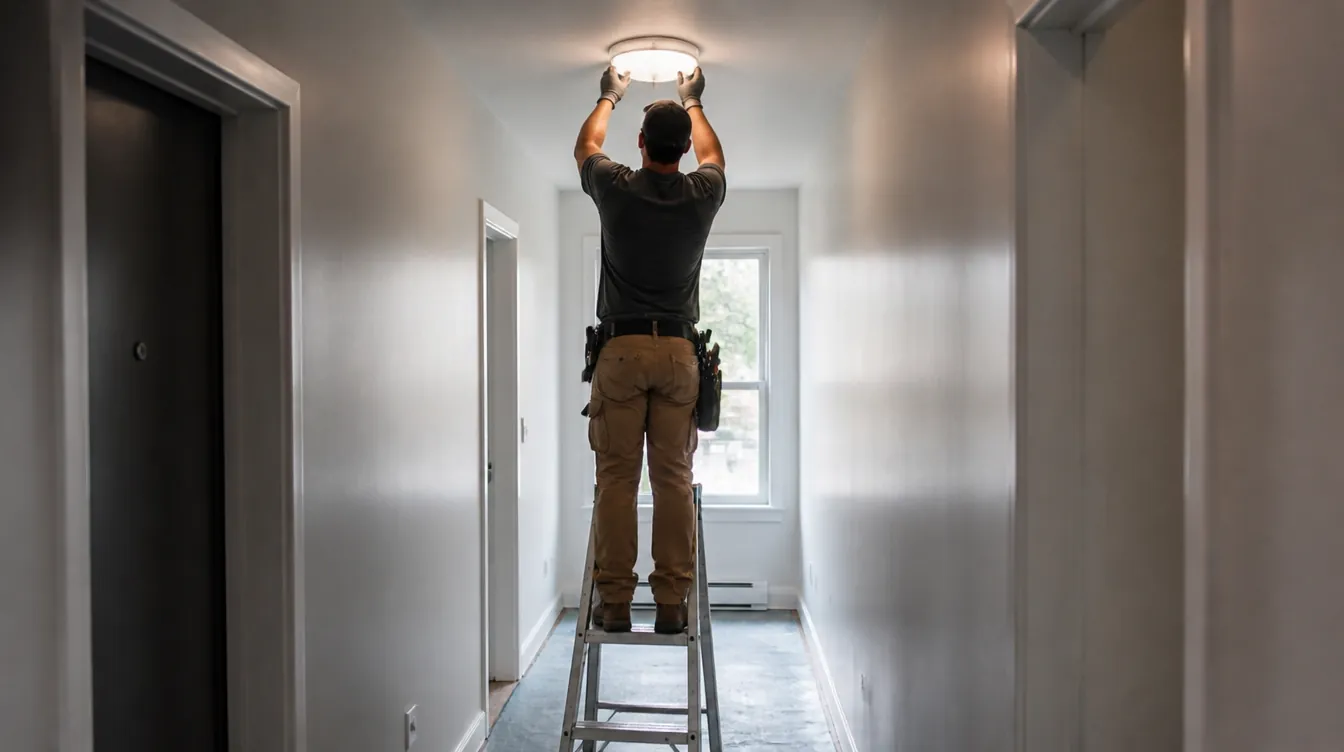 A contractor on a stepladder replacing a ceiling fixture in a bright apartment corridor