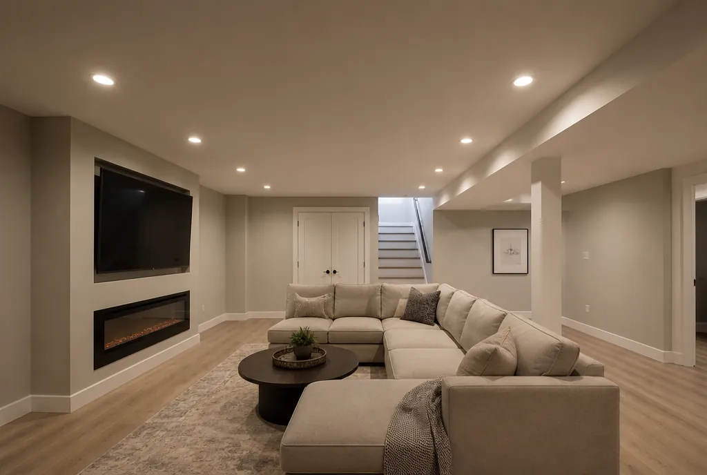 A basement family room with a row of slim zPLC downlights lit warm white