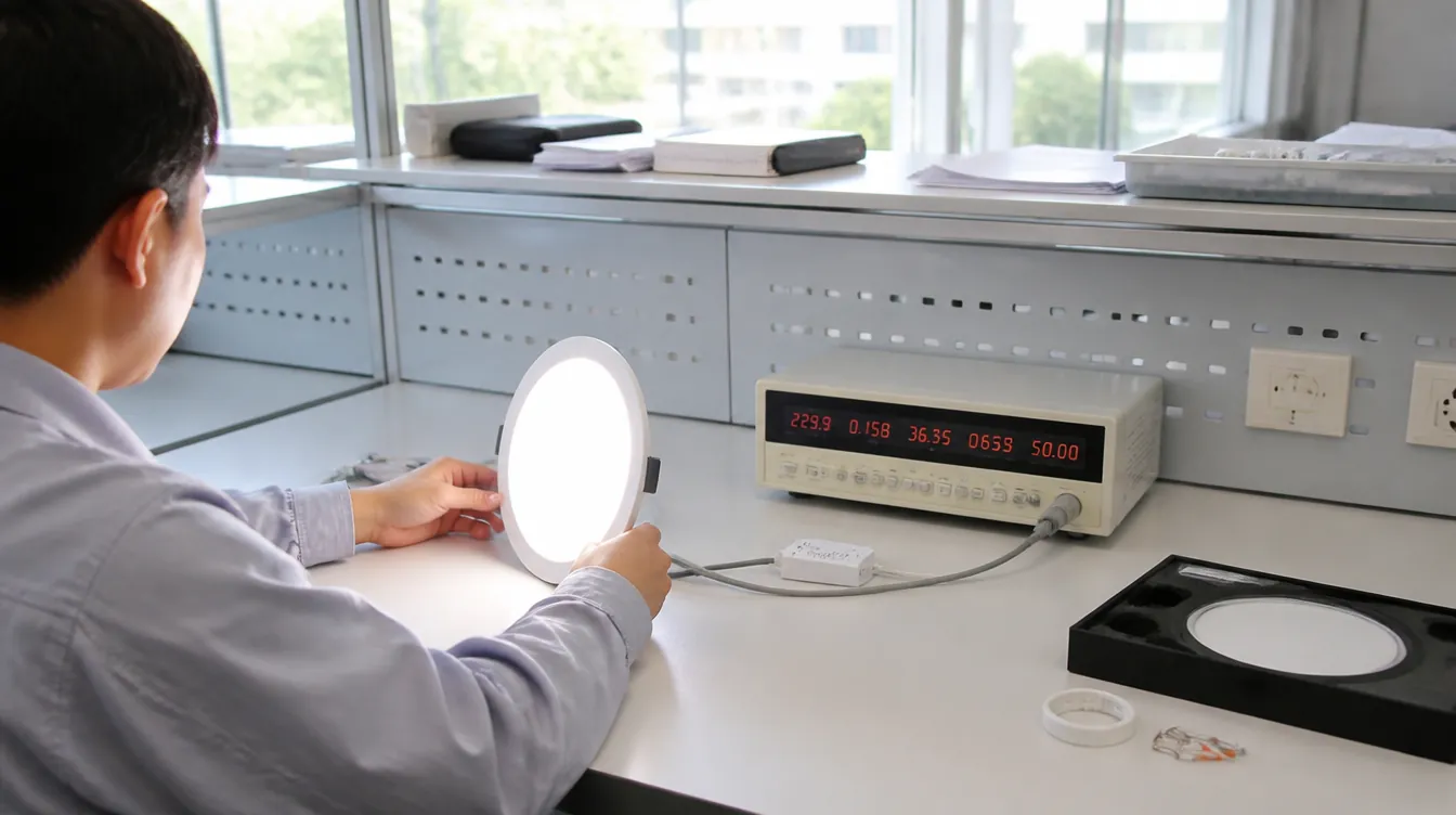 An engineer testing an LED downlight on a bright lab bench