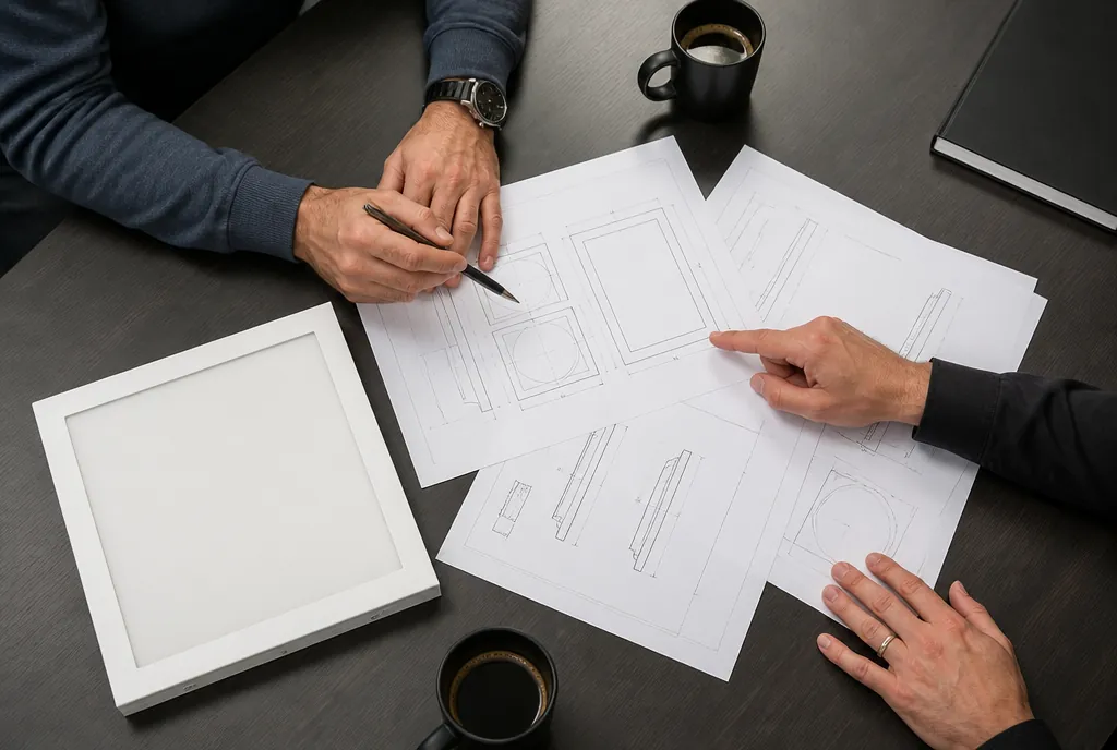 Two people reviewing printed fixture drawings beside a sample LED panel
