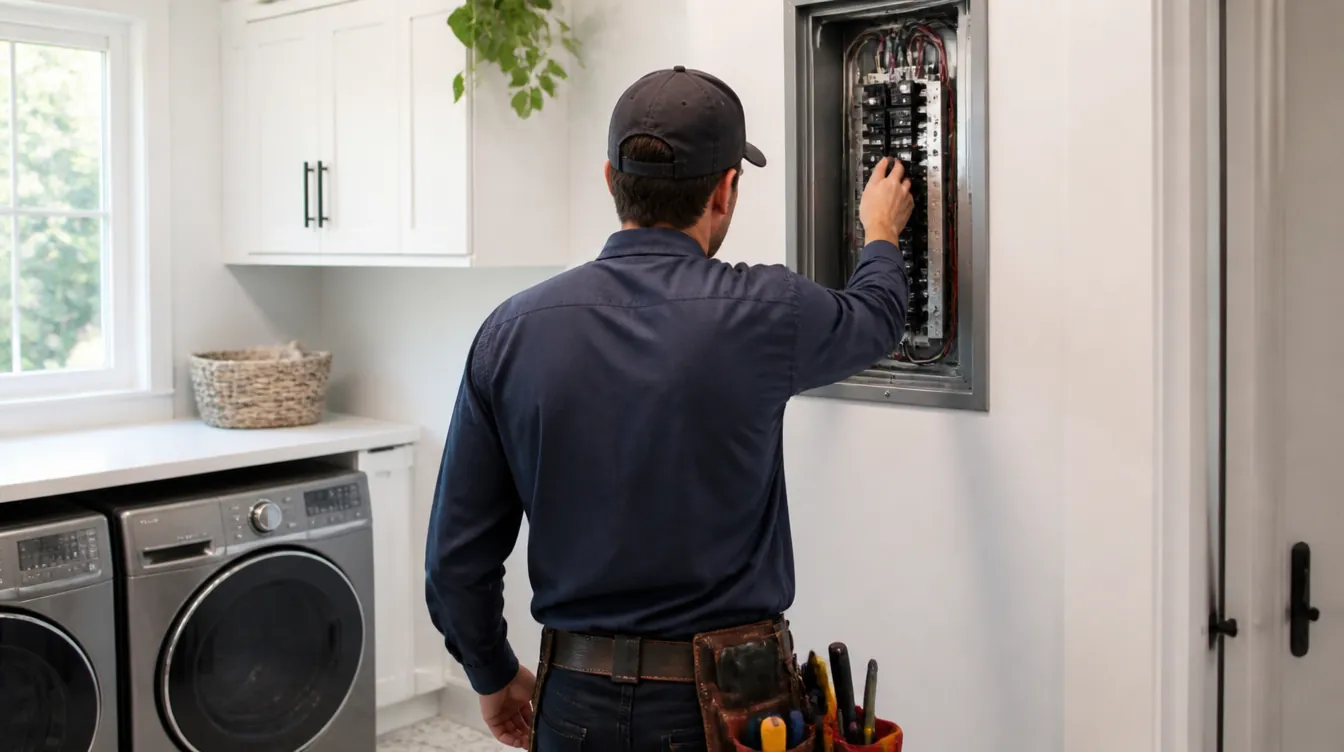 An electrician switching off a breaker at a home panel before installing