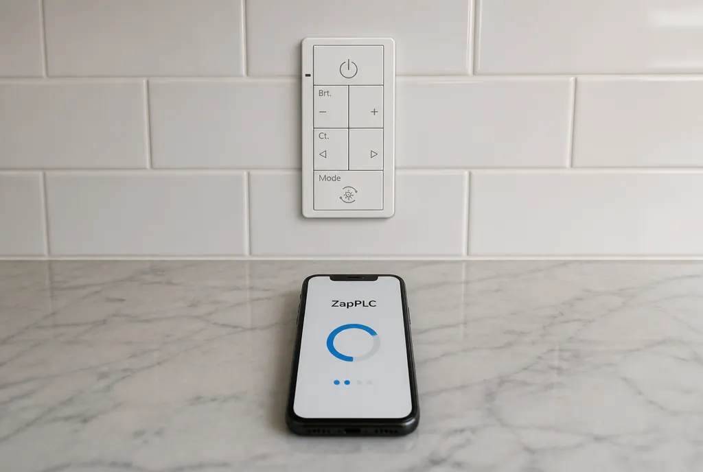 A phone on a kitchen counter pairing with the zPLC switch on the wall above