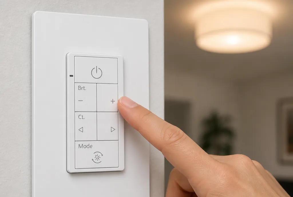 A finger pressing the dim button on the zPLC switch