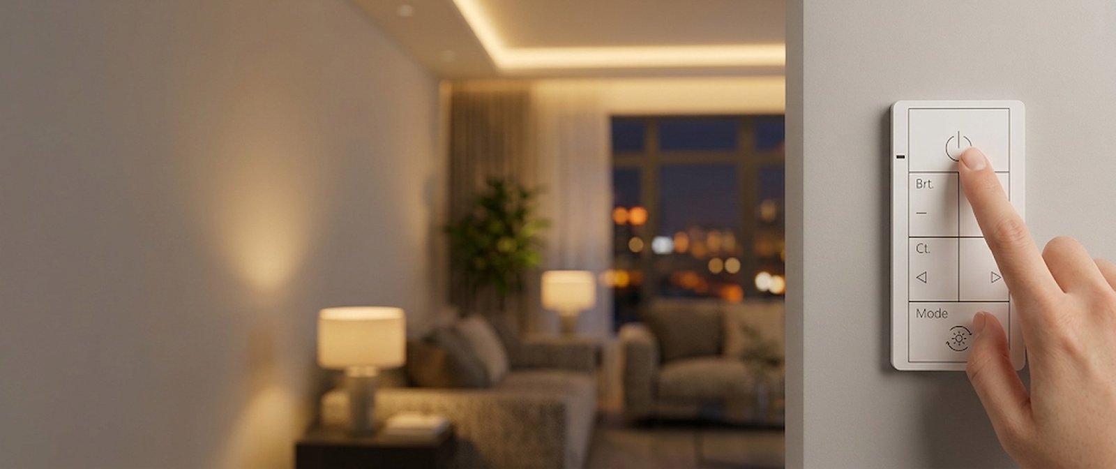 A hand pressing the zPLC wall switch in a softly lit living room